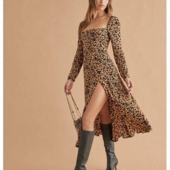 Reformation Sigmund Leopard Midi Dress Square Neck Long Sleeves Brown Size 4 - Picture 1 of 11